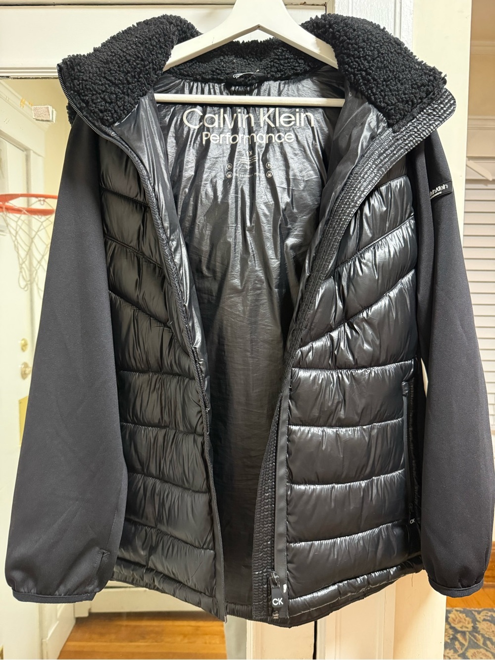 Calvin Klein Black Performance Quilted Puffer Jacket with Sherpa Collar